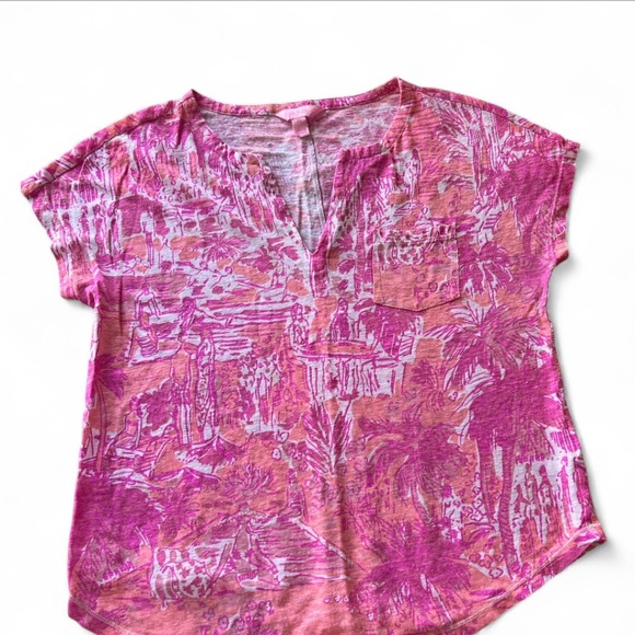 Lilly Pulitzer Duval Top Linen Pink Cheeky Melon Rule Breakers Size XS - Picture 2 of 8